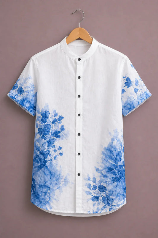 cartivo™ Men's Premium Blue Floral Watercolor Printed Mandarin Collar Shirt White Casual Designer Wear X-6XL