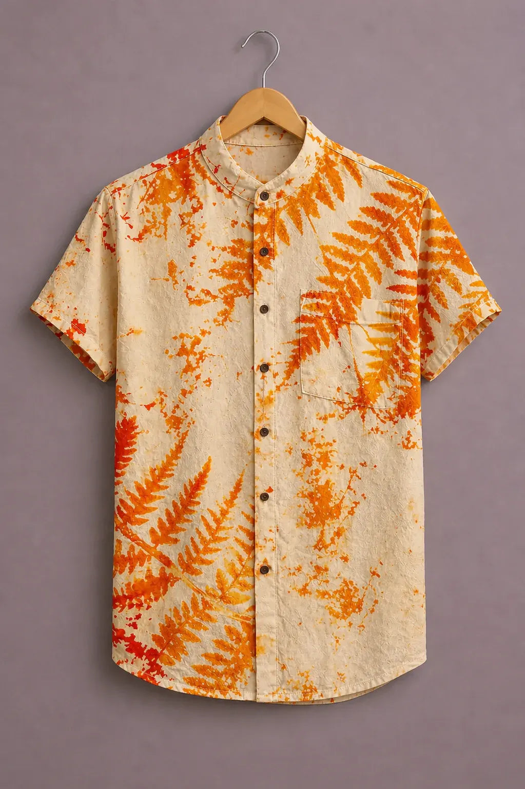 cartivo™ Men's Premium Tropical Leaf Printed Mandarin Collar Shirt Cream Orange Casual Summer Beach Wear X-6XL