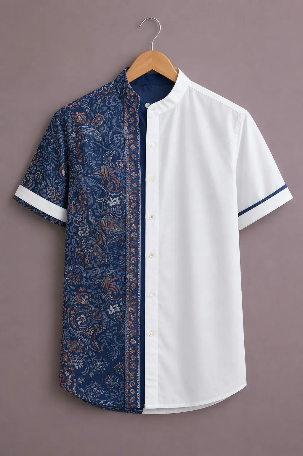 cartivo™ Men's Premium Half Paisley Printed Color Block Mandarin Collar Shirt Navy Blue White Casual Designer Wear X-6XL