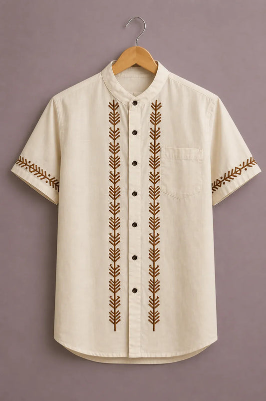 cartivo™ Men's Premium Ethnic Embroidered Mandarin Collar Shirt Cream Beige Short Sleeve Casual Festive Wear X-6XL