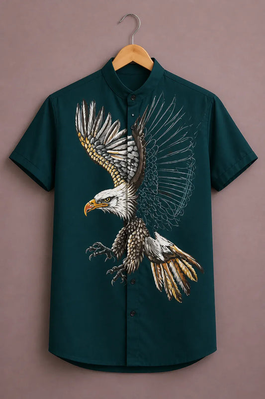 cartivo™ Men's Premium Eagle Graphic Printed Mandarin Collar Shirt Dark Teal Casual Designer Wear X-6XL