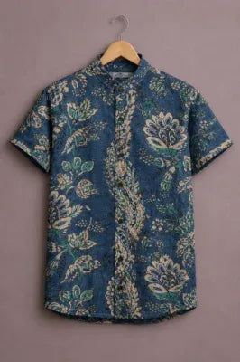 cartivo™ Men's Premium Vintage Floral Ethnic Printed Mandarin Collar Shirt Navy Blue Casual Designer Wear X-6XLShyirt™ Men's Premium Vintage Floral Ethnic Printed Mandarin Collar Shirt Navy Blue Casual Designer Wear X-6XL