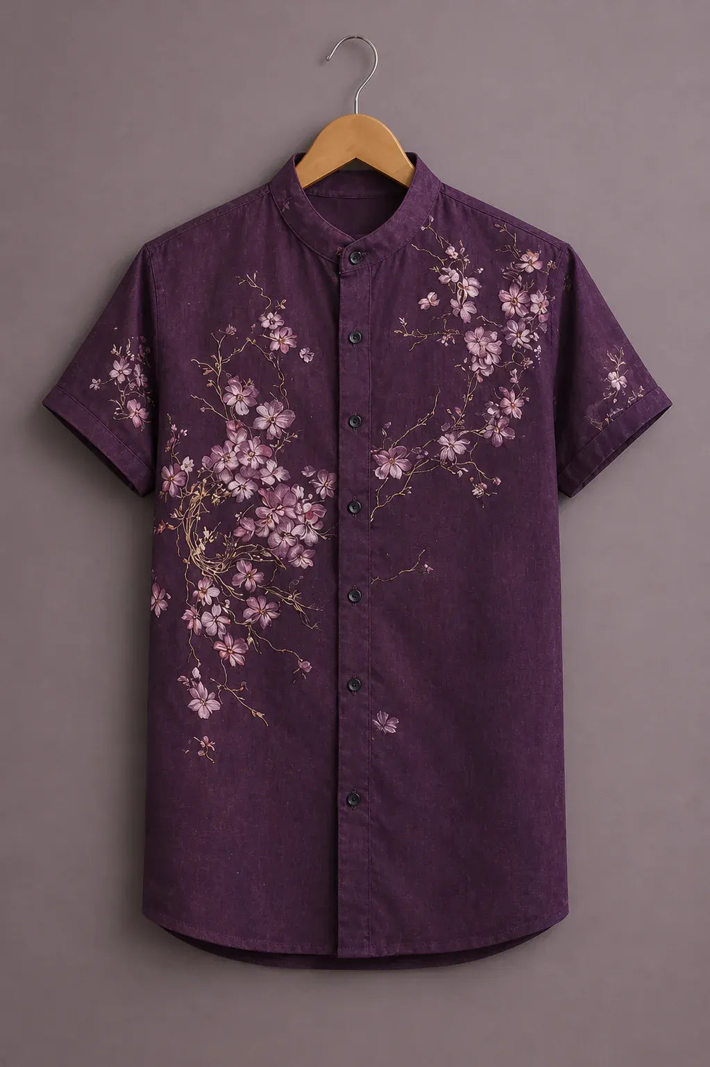 cartivo™ Men's Premium Cherry Blossom Floral Printed Mandarin Collar Shirt Deep Purple Casual Designer Wear X-6XL