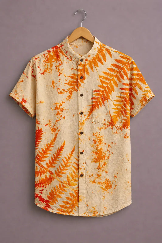 cartivo™ Men's Premium Tropical Leaf Printed Mandarin Collar Shirt Cream Orange Casual Summer Beach Wear X-6XL