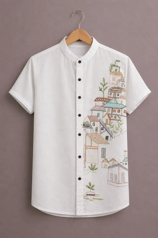 cartivo™ Men's Premium Artistic Village Sketch Printed Mandarin Collar Shirt White Casual Designer Wear X-6XL