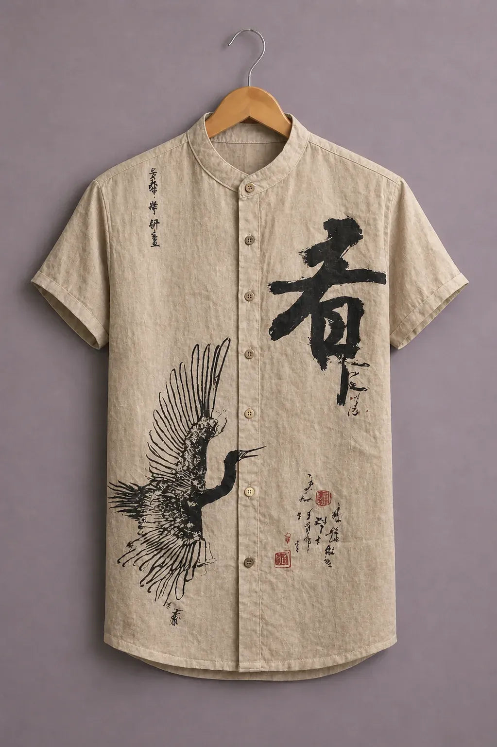 cartivo™ Men's Premium Japanese Crane Art Printed Mandarin Collar Shirt Beige Casual Designer Wear X-6XL