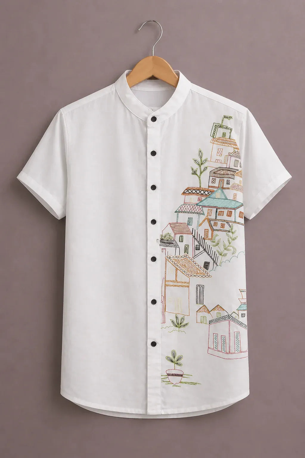 cartivo™ Men's Premium Artistic Village Sketch Printed Mandarin Collar Shirt White Casual Designer Wear X-6XL