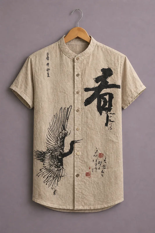cartivo™ Men's Premium Japanese Crane Art Printed Mandarin Collar Shirt Beige Casual Designer Wear X-6XL