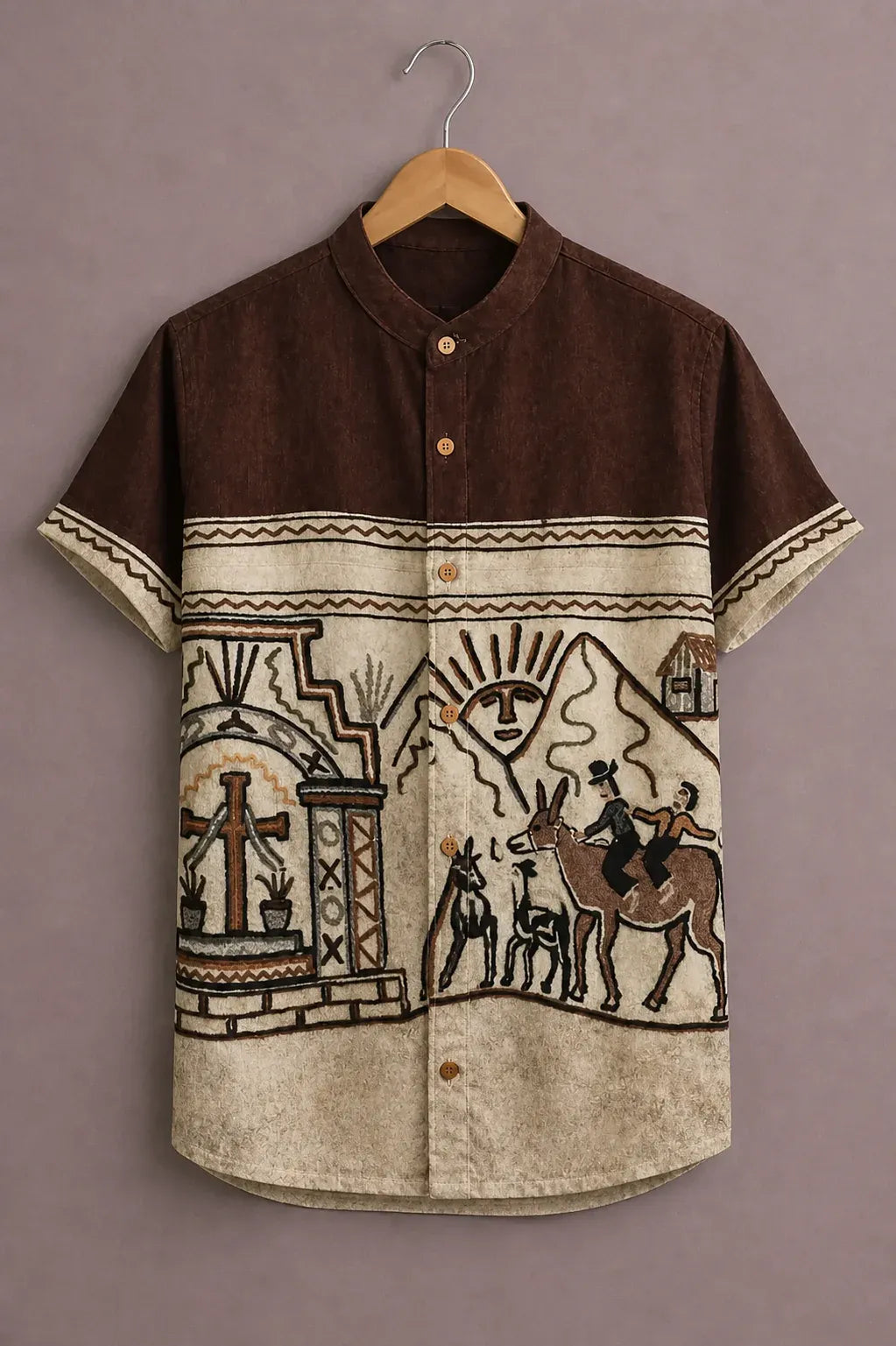 cartivo™ Men's Premium Tribal Art Printed Mandarin Collar Shirt Brown Beige Ethnic Casual Festive Wear X-6XL