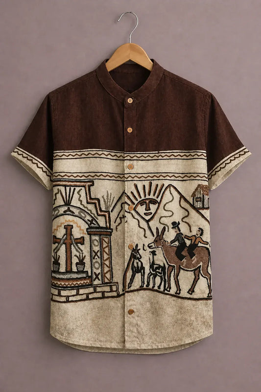cartivo™ Men's Premium Tribal Art Printed Mandarin Collar Shirt Brown Beige Ethnic Casual Festive Wear X-6XL