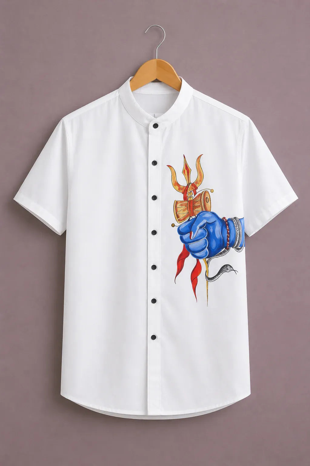 cartivo™ Men's Premium Mahadev Trishul Graphic Printed Mandarin Collar Shirt White Casual Spiritual Wear X-6XL