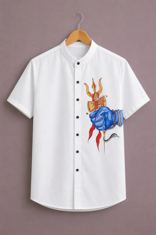 cartivo™ Men's Premium Mahadev Trishul Graphic Printed Mandarin Collar Shirt White Casual Spiritual Wear X-6XL
