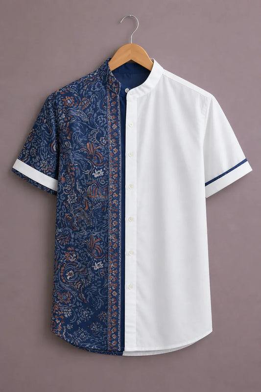 cartivo™ Men's Premium Half Paisley Printed Color Block Mandarin Collar Shirt Navy Blue White Casual Designer Wear X-6XL