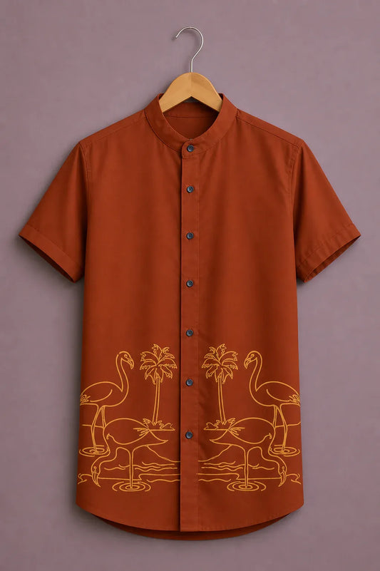 cartivo™ Men's Premium Flamingo Tropical Print Mandarin Collar Shirt Rust Orange Casual Summer Beach Wear X-6XL
