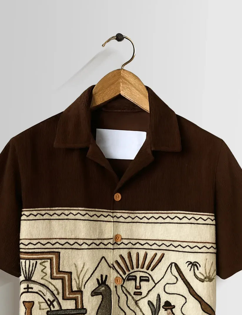 cartivo™ Men's Premium Tribal Art Printed Mandarin Collar Shirt Brown Beige Ethnic Casual Festive Wear X-6XL