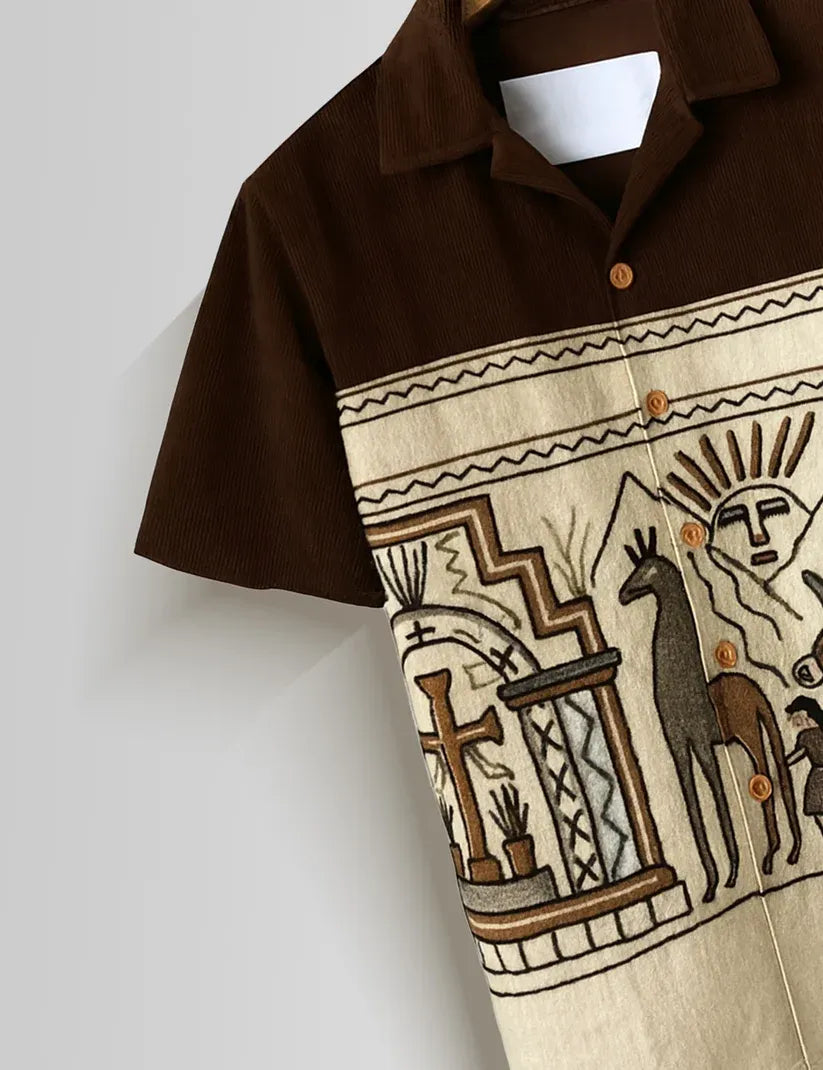 cartivo™ Men's Premium Tribal Art Printed Mandarin Collar Shirt Brown Beige Ethnic Casual Festive Wear X-6XL