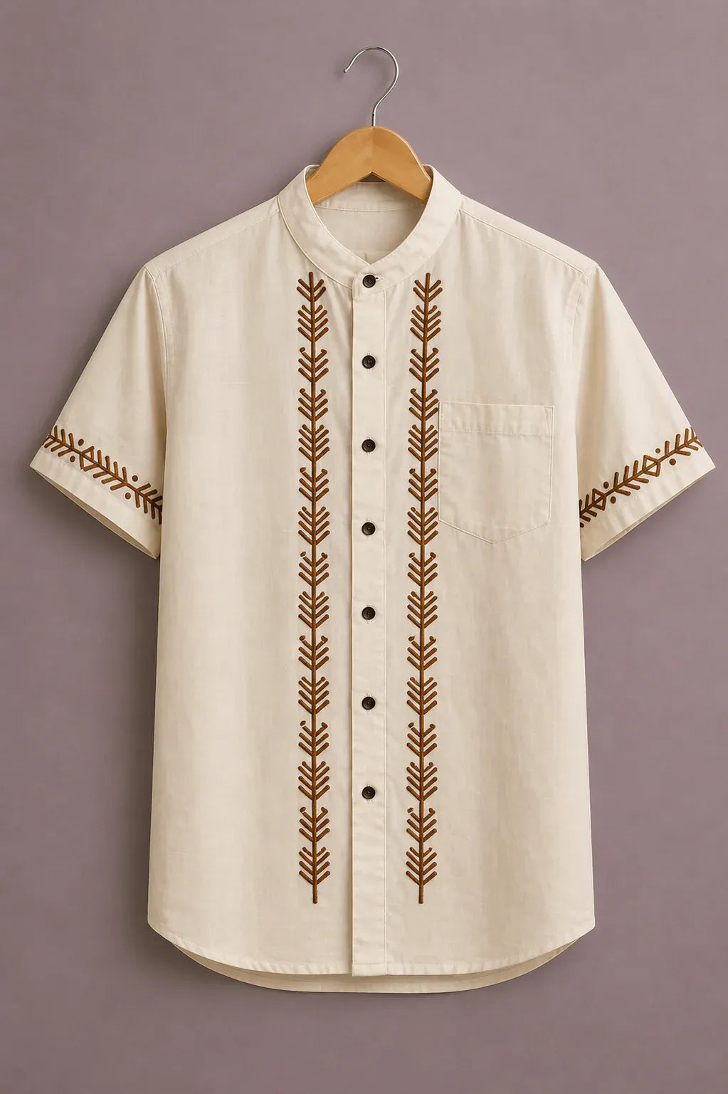 cartivo™ Men's Premium Ethnic Embroidered Mandarin Collar Shirt Cream Beige Short Sleeve Casual Festive Wear X-6XL