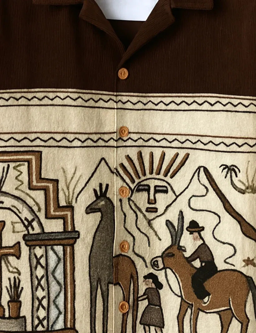 cartivo™ Men's Premium Tribal Art Printed Mandarin Collar Shirt Brown Beige Ethnic Casual Festive Wear X-6XL
